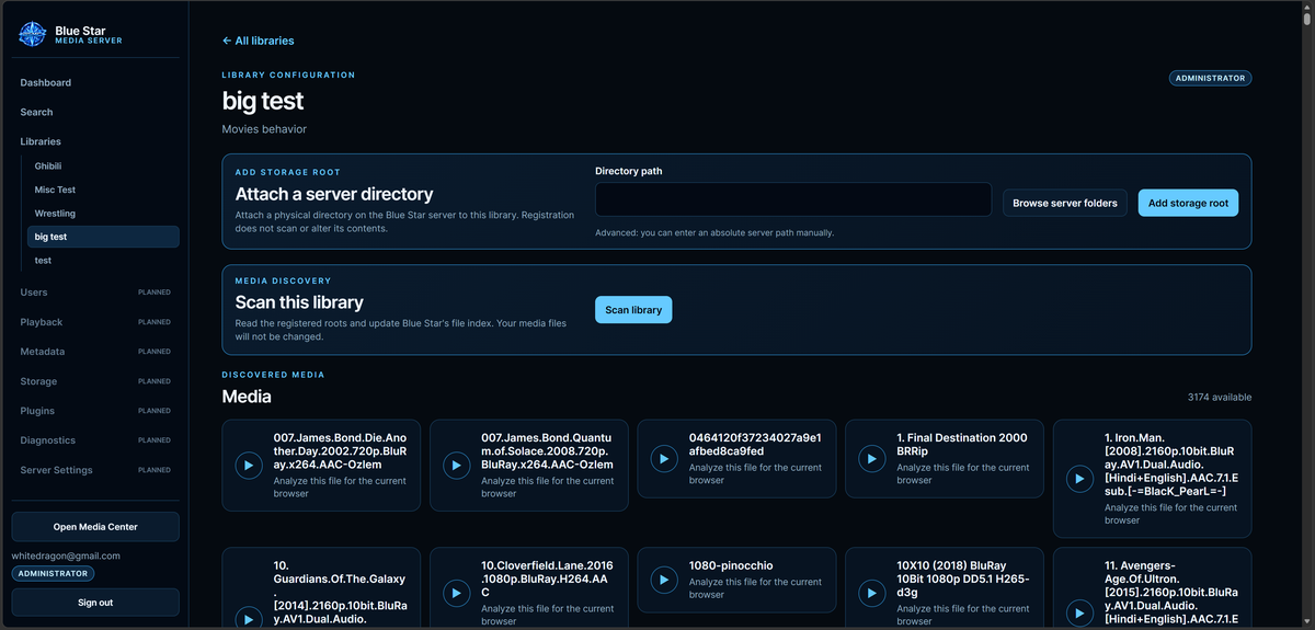 Desktop storage root and library scan management screen