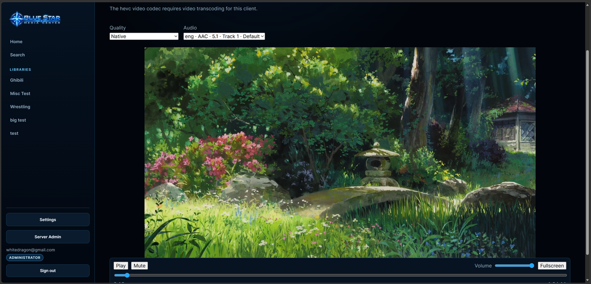 Desktop playback screen with quality and audio controls