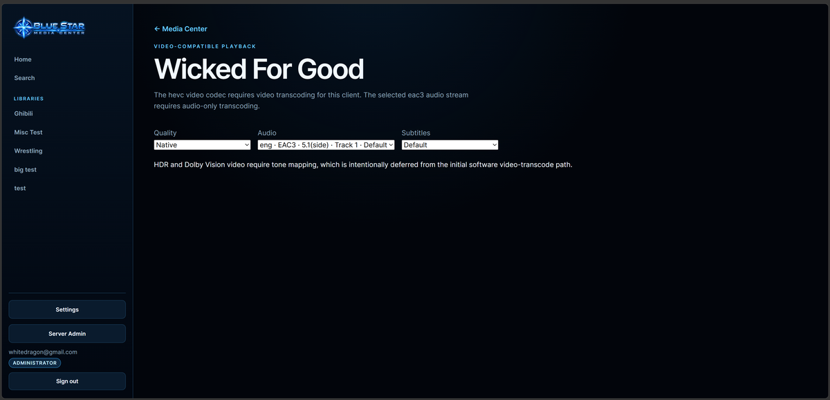 Desktop playback screen with track and subtitle selection