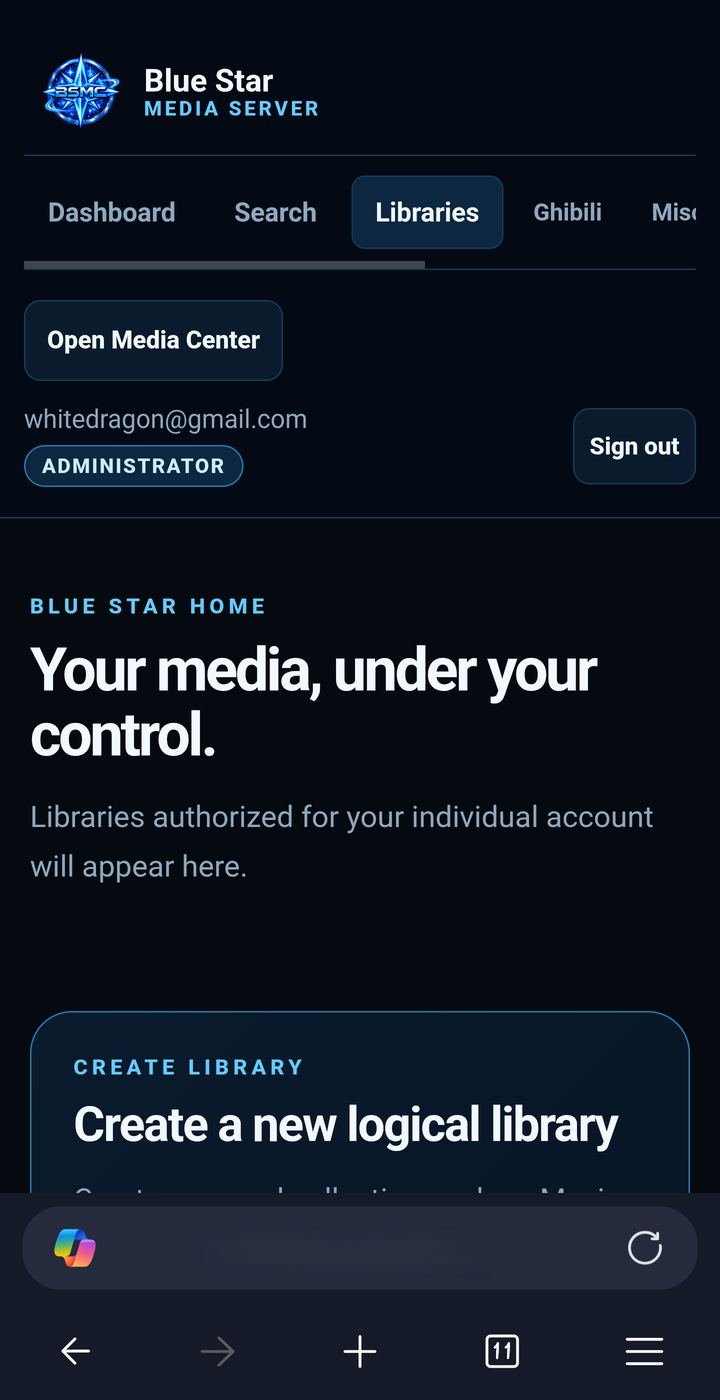 Mobile server navigation and library screen