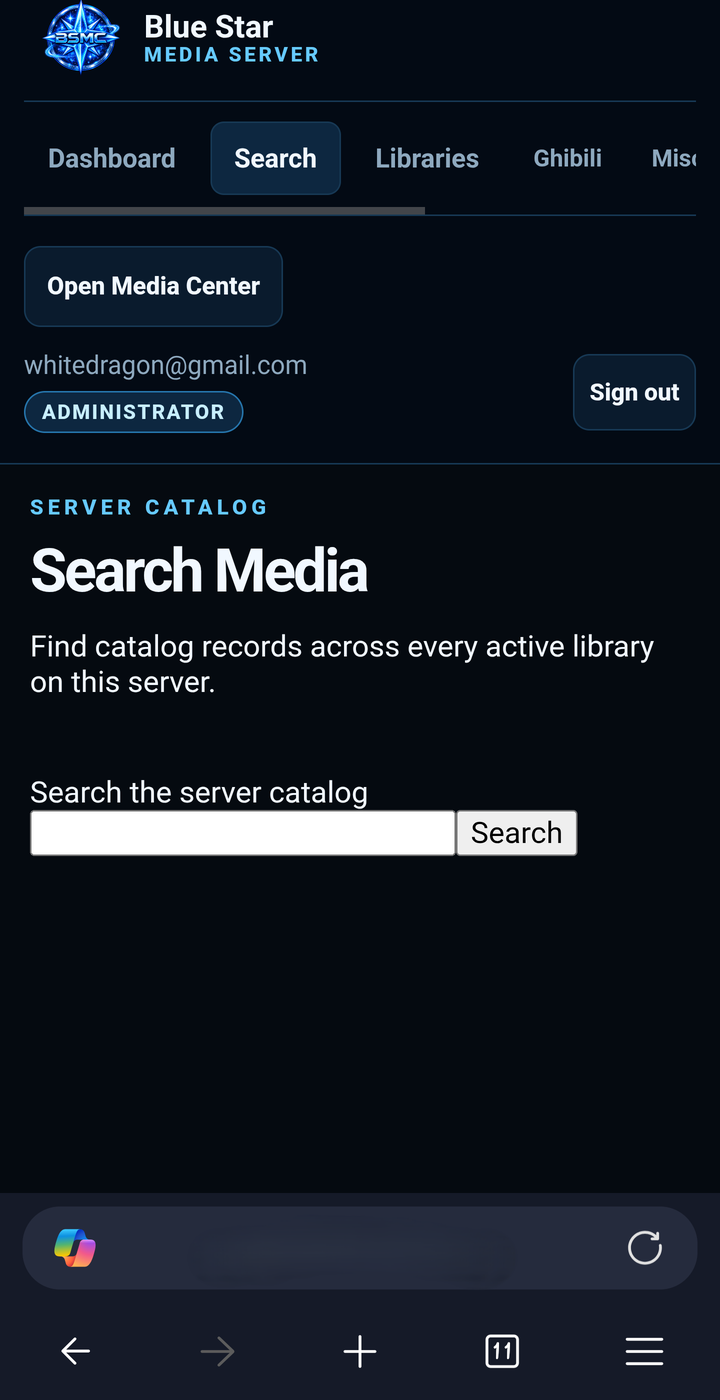 Mobile server catalog search screen